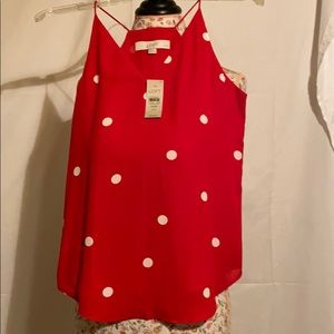 Red Loft V Neck Cami with White Polka Dots